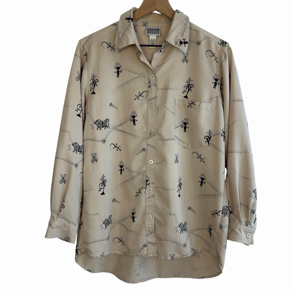 Vintage Area 51 Button Up Blouse Top Womens Southwest Print Beige Chico’s 1/M